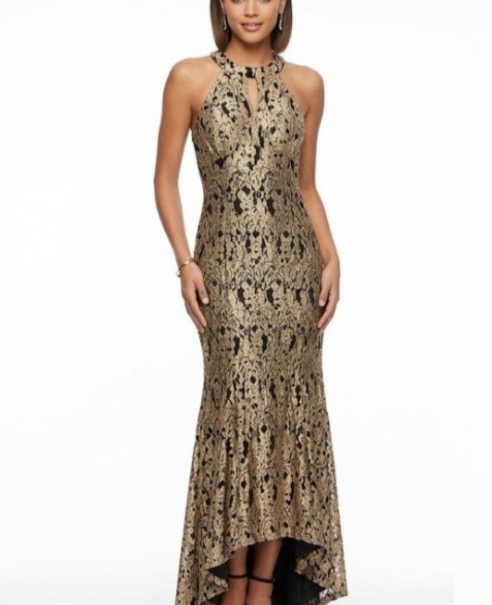 NightWay Mettalic Gold Black Tan Lace Halter Neck Gown Maxi Dress Sz. 10 Long71"